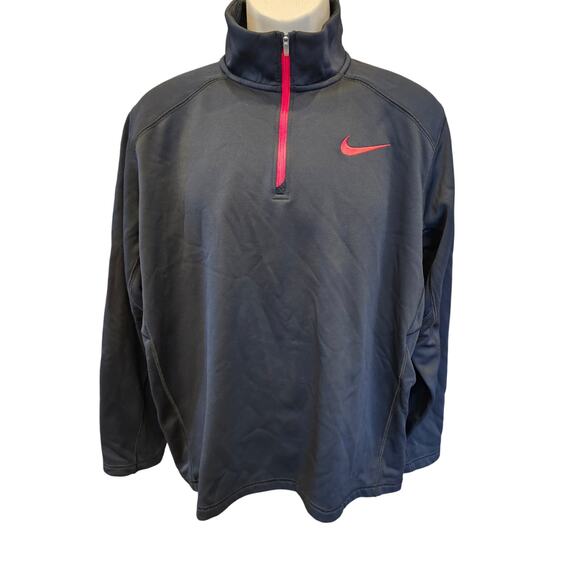 Nike thermafit size L men's 1/4 zip pullover sweater warm black red swoosh ^* - Picture 1 of 8